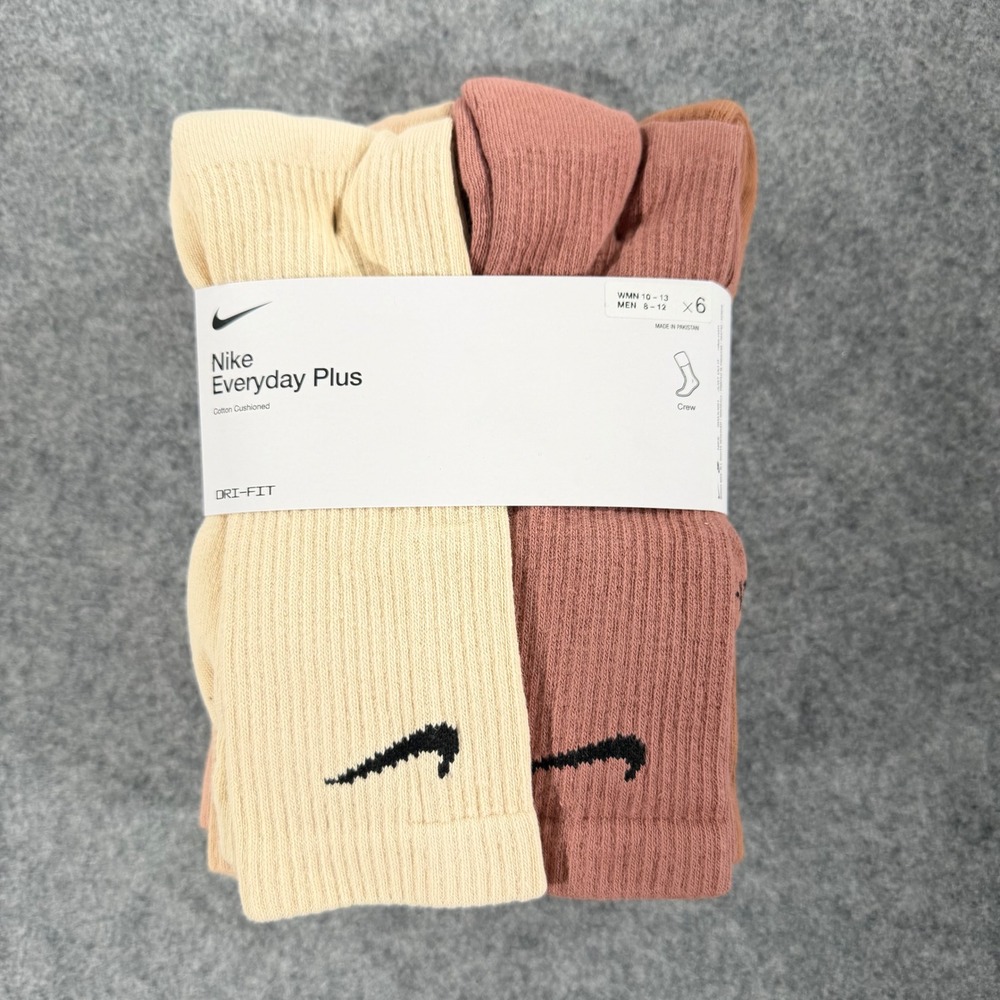 Nike Everyday Plus Cushioned Crew Socks 6 Pair Pack Brown Tan Mauve